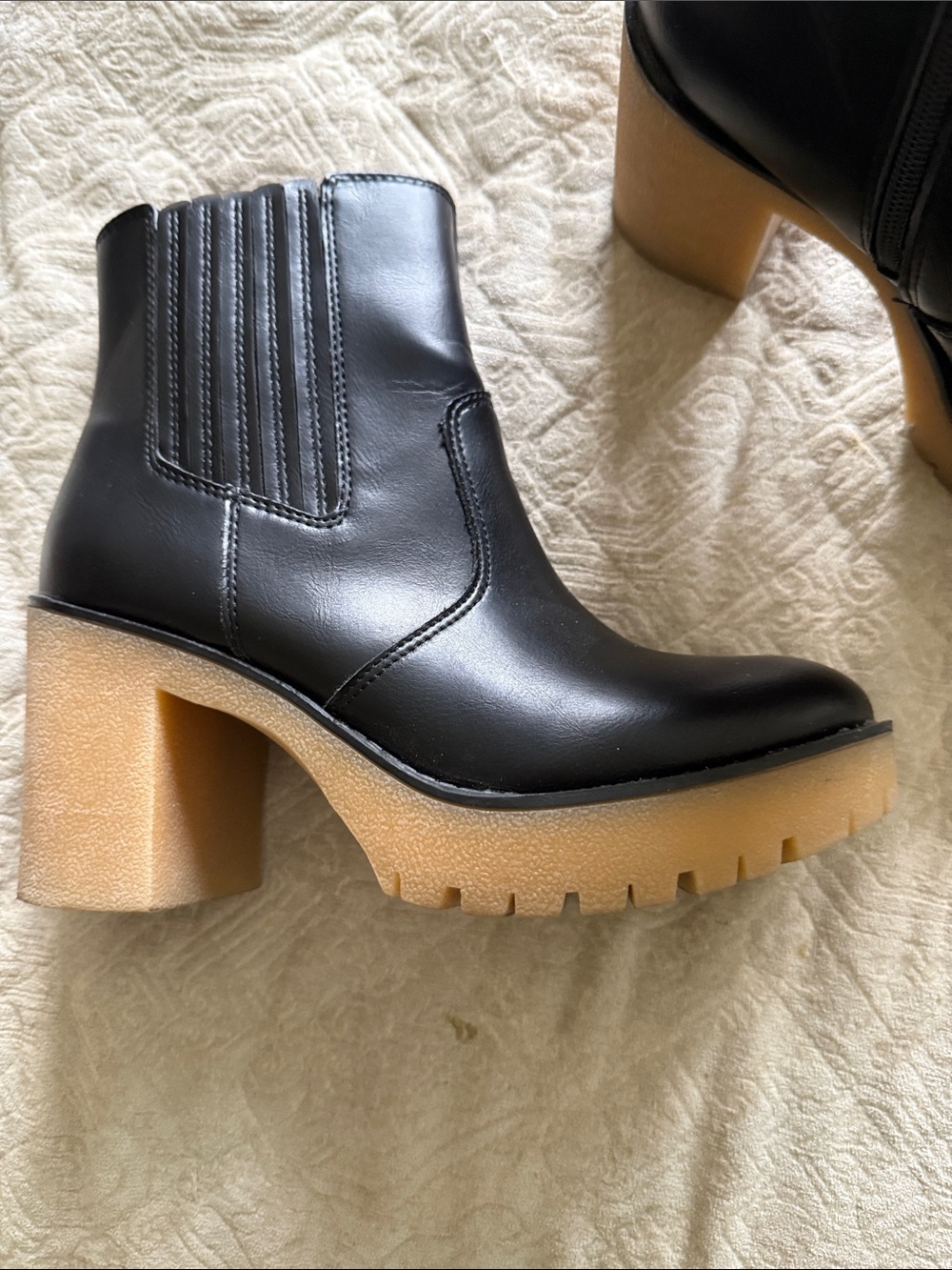 Black Leather Ankle Booties with Chunky Tan Lug Heel